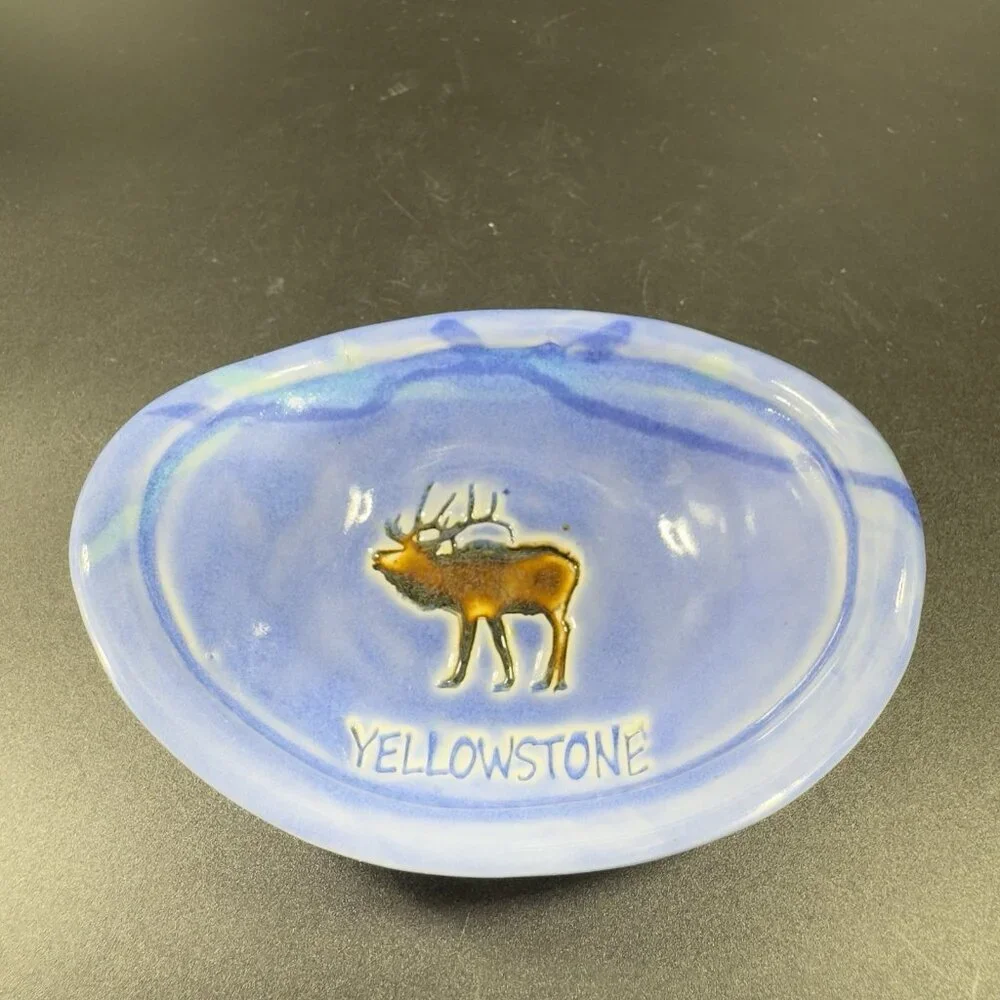 Vintage Yellowstone Pottery Ceramic Oval Trinket Holder Dish Small Plate Blue